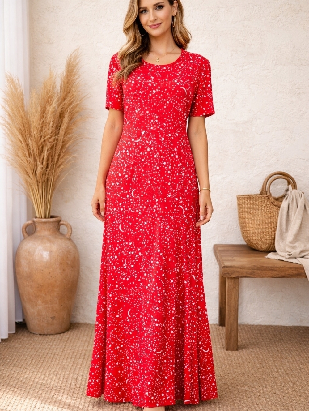 ASOS Red Star Moon Print Maxi Dress Size 14 Boho Casual Stretch Knit